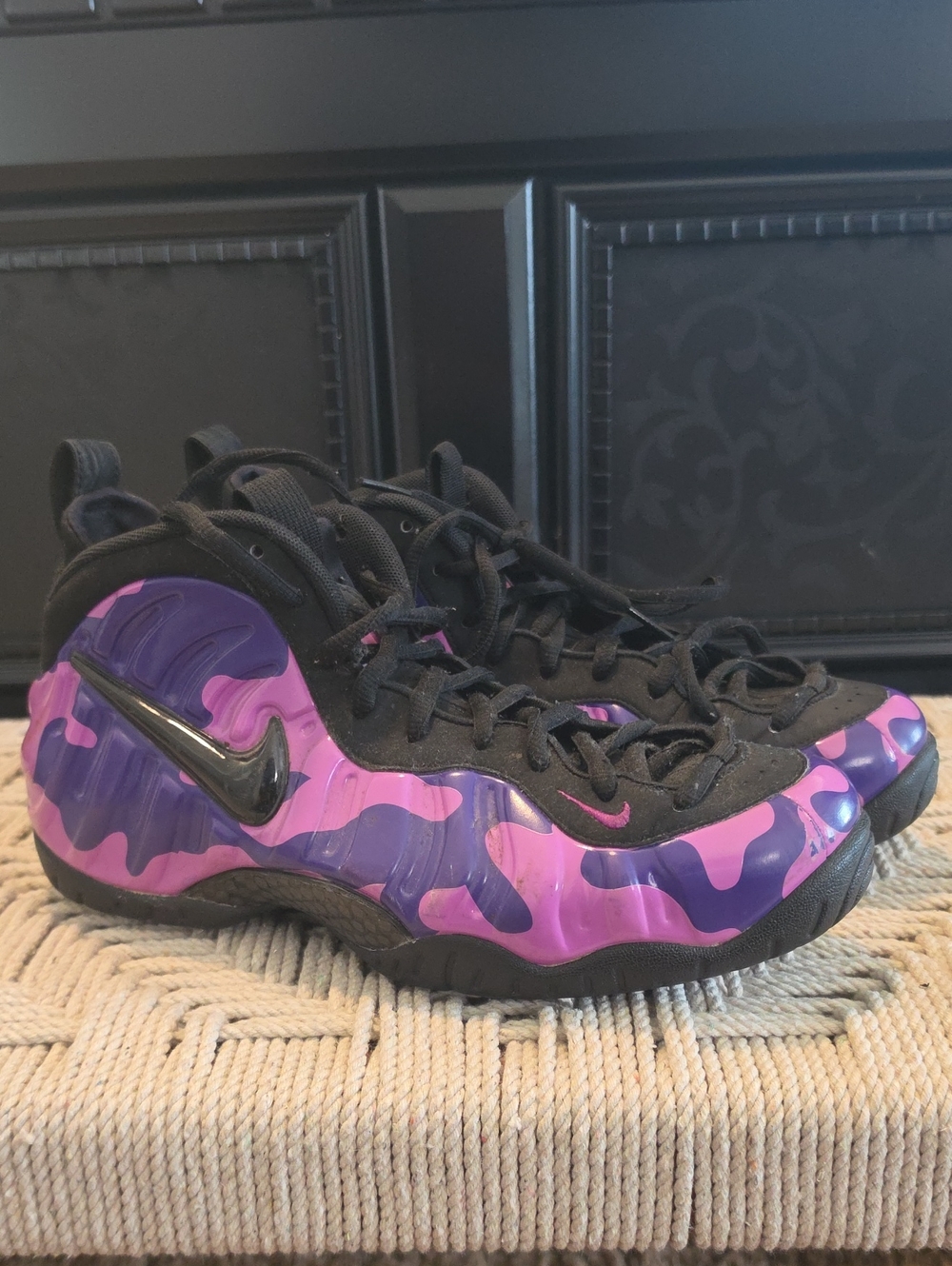 Nike Mens Purple and Black Camo Foamposite Sneakers